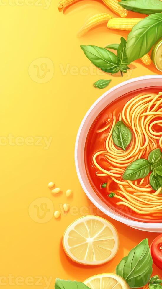 Soup with spaghetti and basil with ingredients on yellow. Recipe illustration photo