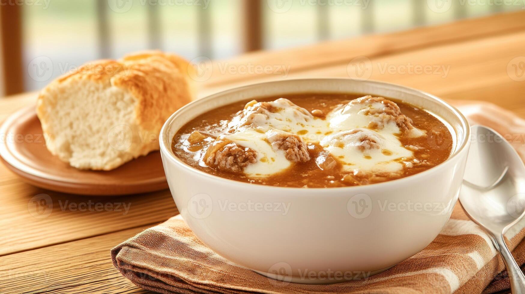Soup with meatballs and melted cheese, served with bread on the side photo