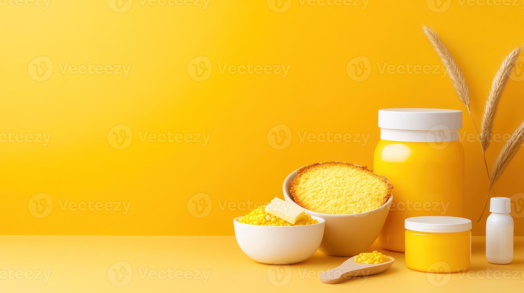 Spa Products Salt, Bottle, Jar, and Dried Plants on Yellow Background for Cosmetic or Home Use photo