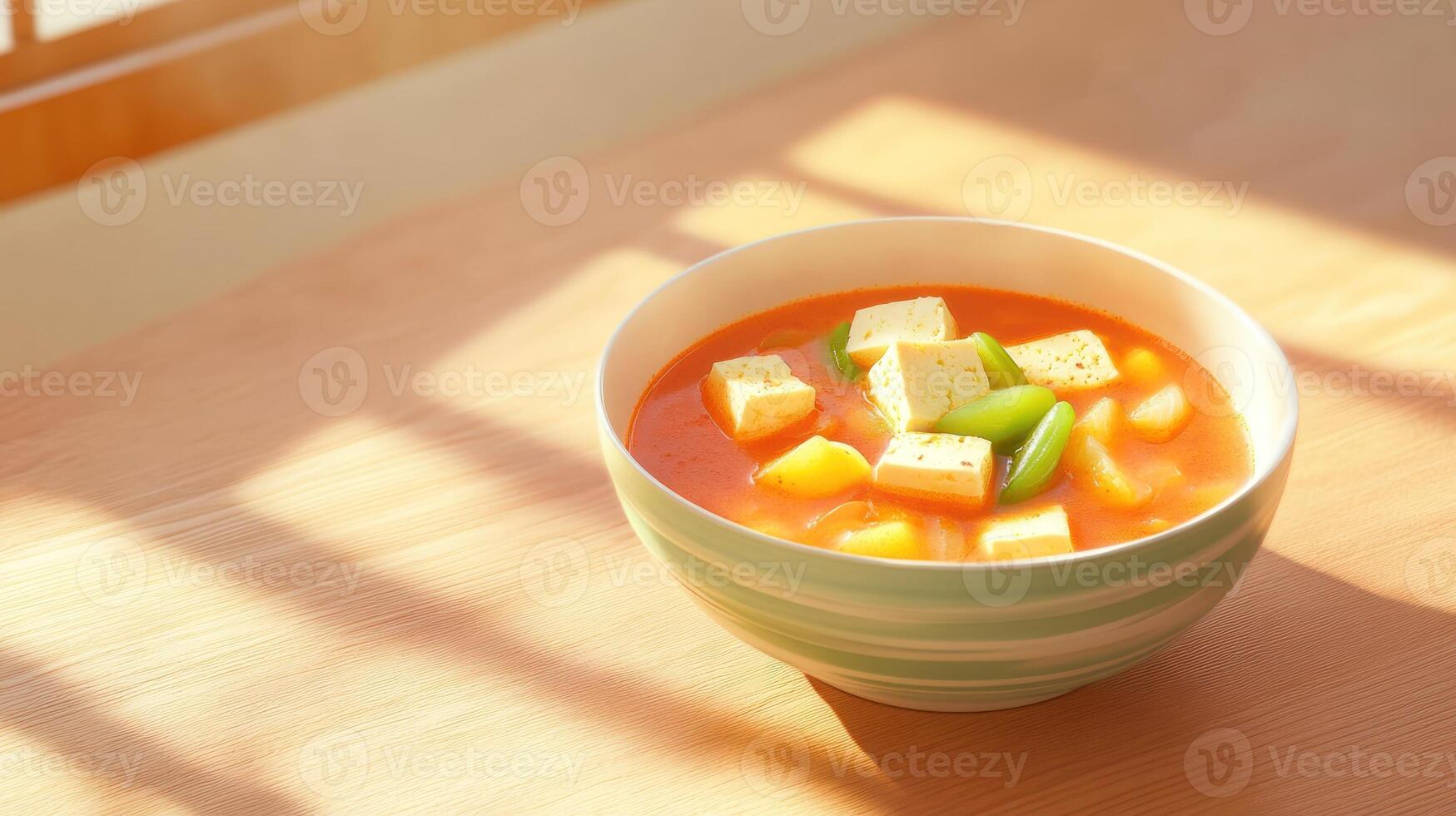 Soup with tofu, vegetables, and herbs. A nutritious lunch, in sunny kitchen window photo
