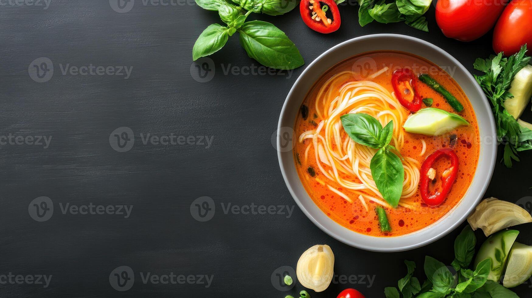 Spicy noodle soup with basil leaves on a black background, food content for recipes photo