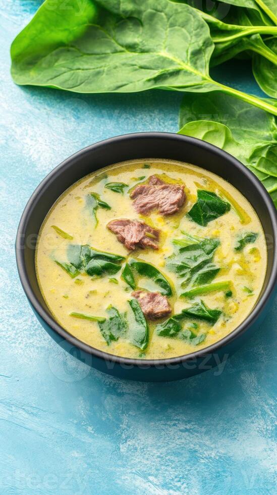 Spinach and beef soup served on a table. Healthy meal background. Possible for healthy eating photo