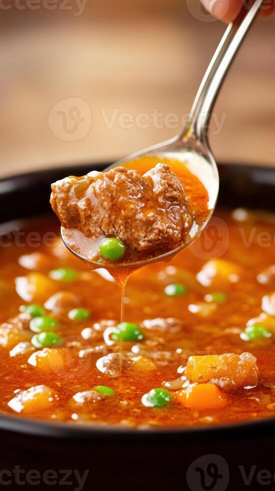 Spoon holds beef stew with carrots and peas, in a black bowl on wooden table. Food photography photo