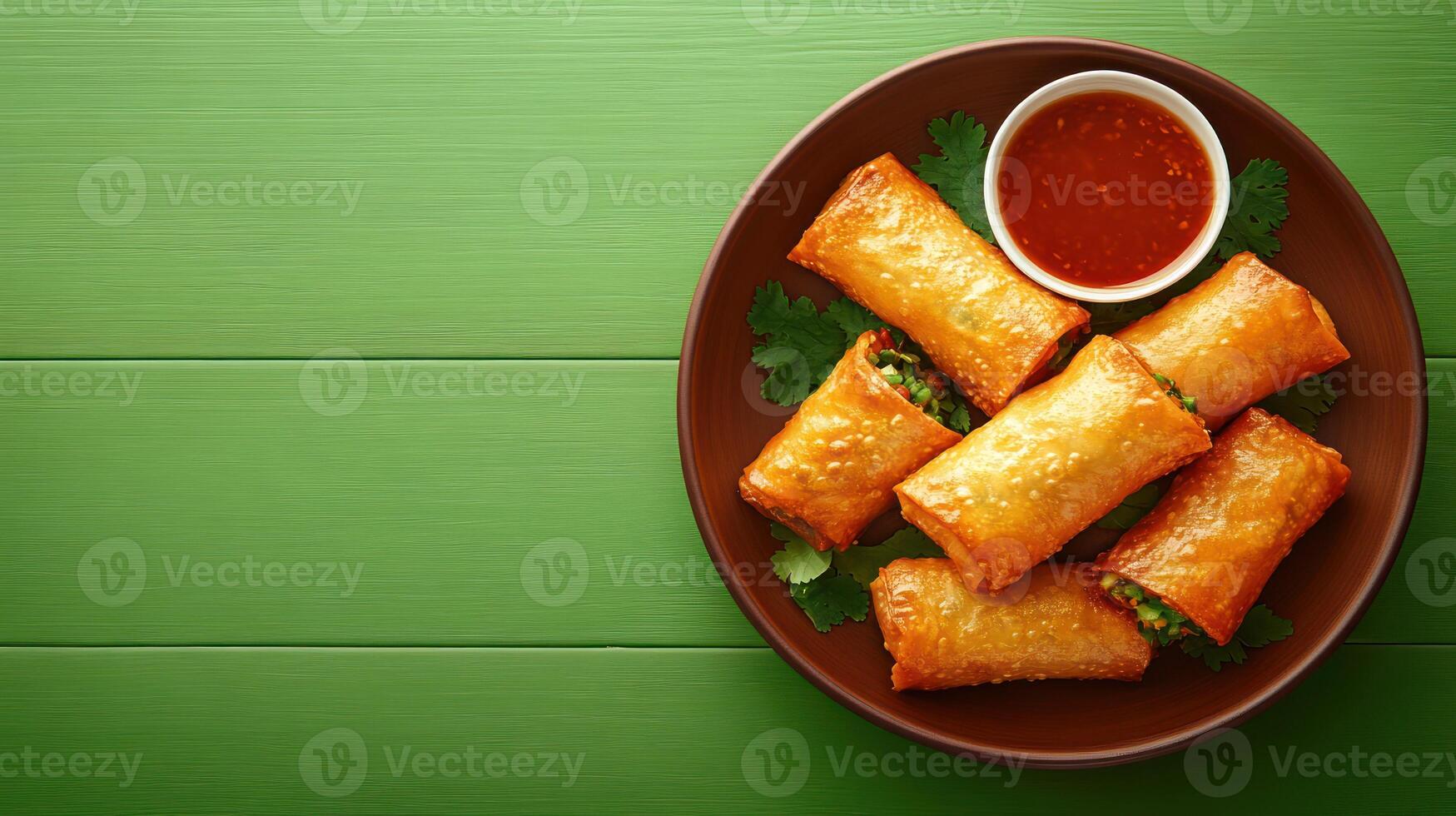 Spring rolls on plate with sauce, ready to eat. Great for restaurant or culinary content photo
