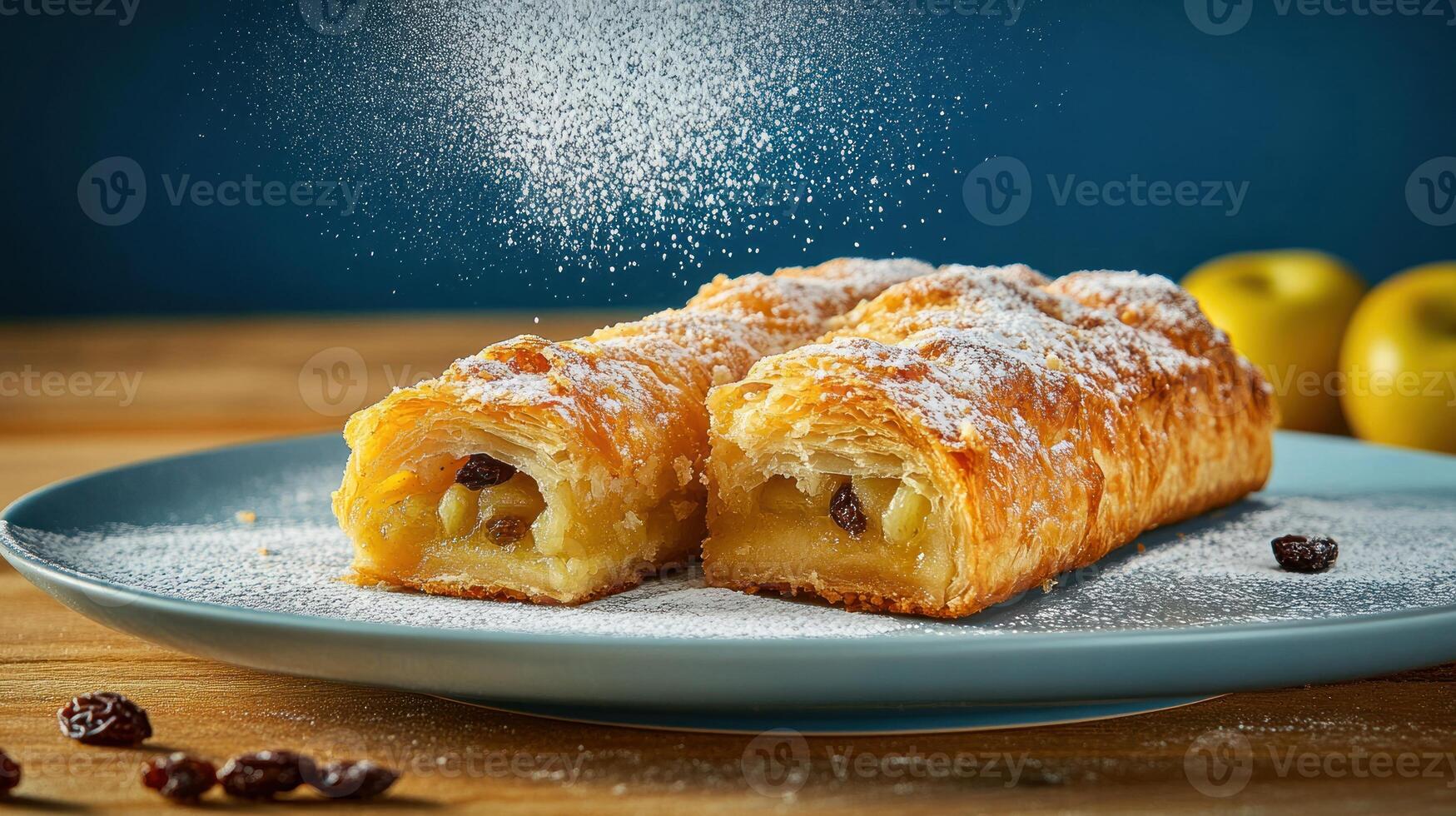 Sprinkling Powdered Sugar over Apple Strudel on Plate, Wooden Table with Apples, Blue Wall photo