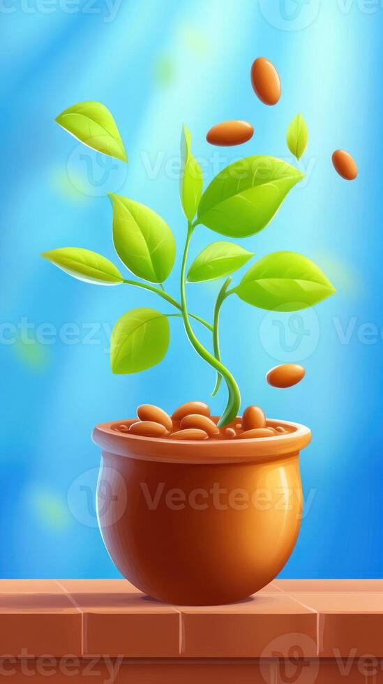 Sprout in pot, seeds falling under sunlight. Growth concept, hope or care background. Use illustration photo