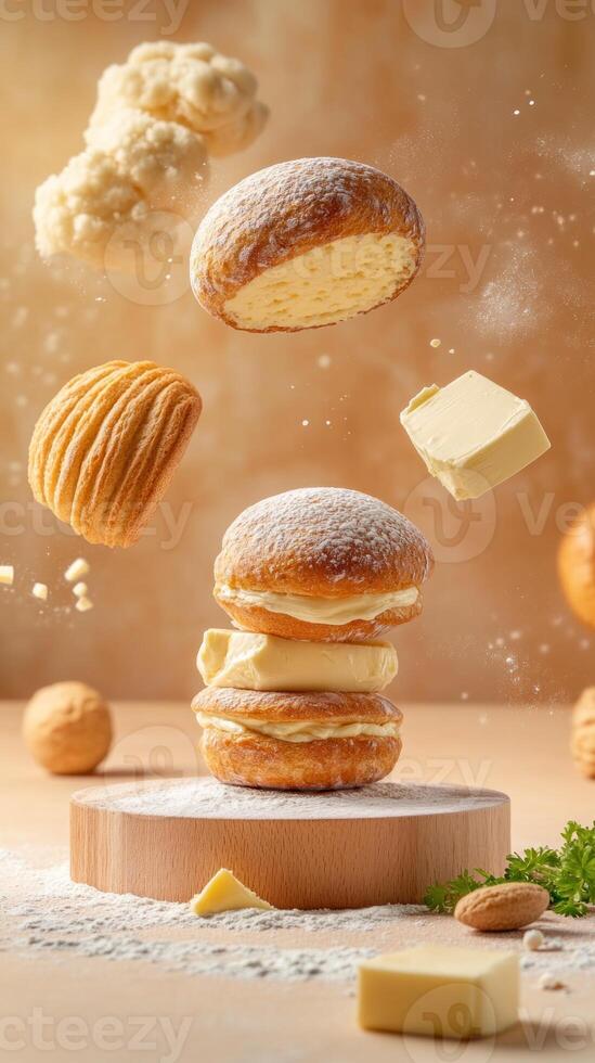 Stack of doughnuts with butter falling down, cooking scene. For culinary concepts photo
