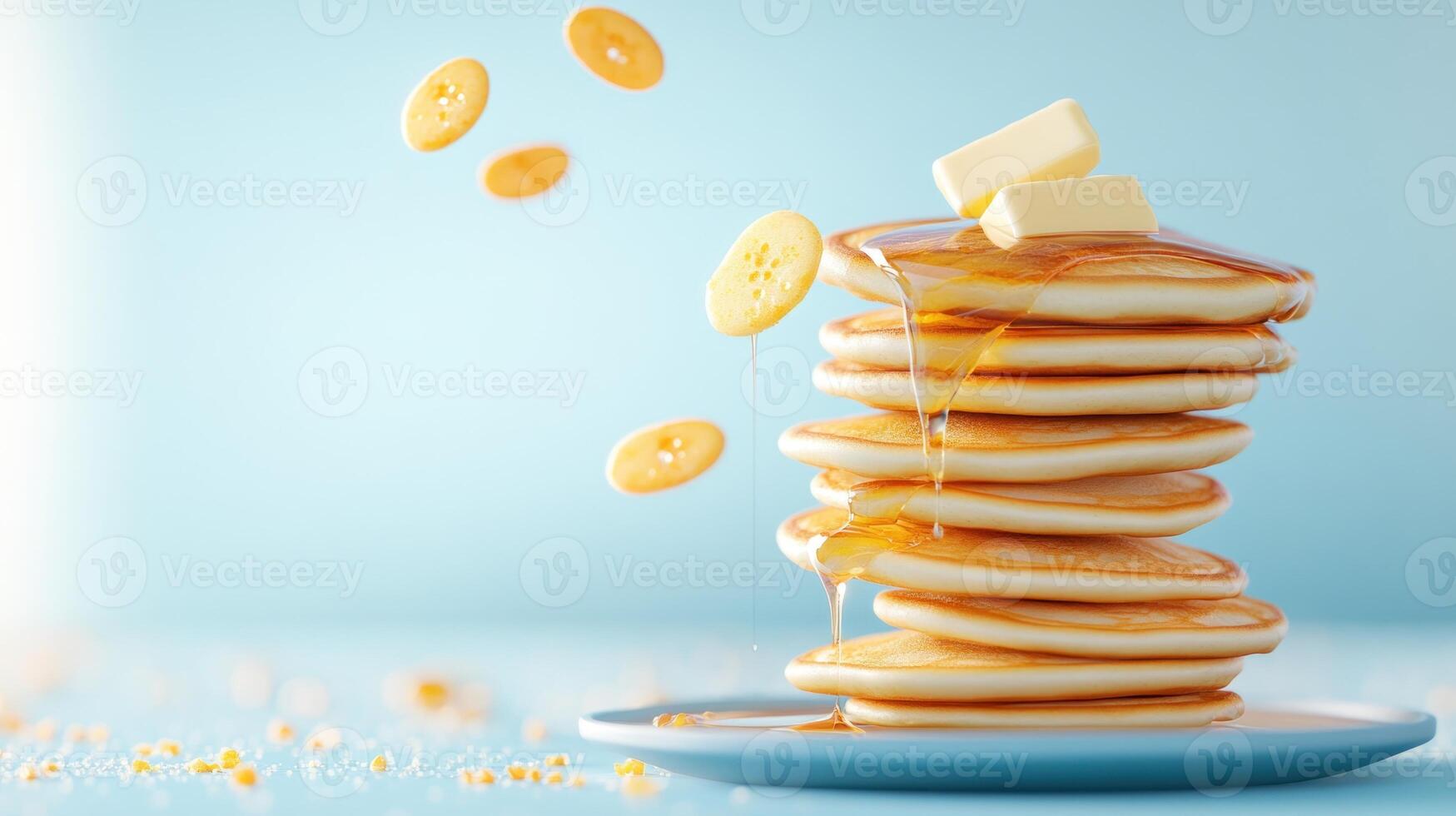 Stack of pancake with banana toppings and butter with syrup flowing. For breakfast use photo