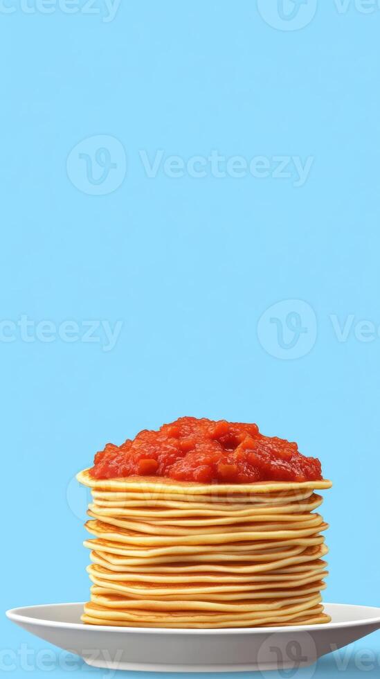 Stack of pancakes with tomato sauce on a plate against a plain background photo