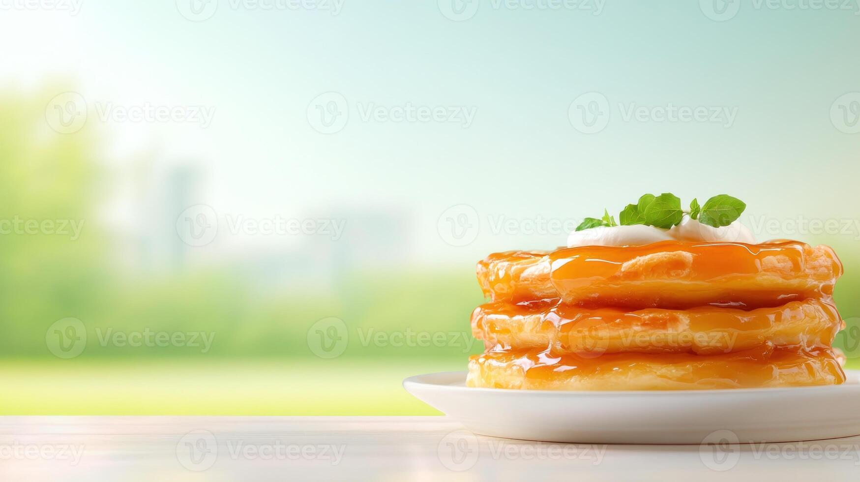 Stack of pancakes with fruit syrup, on plate, outside, sunny day, breakfast, dessert, food photography photo
