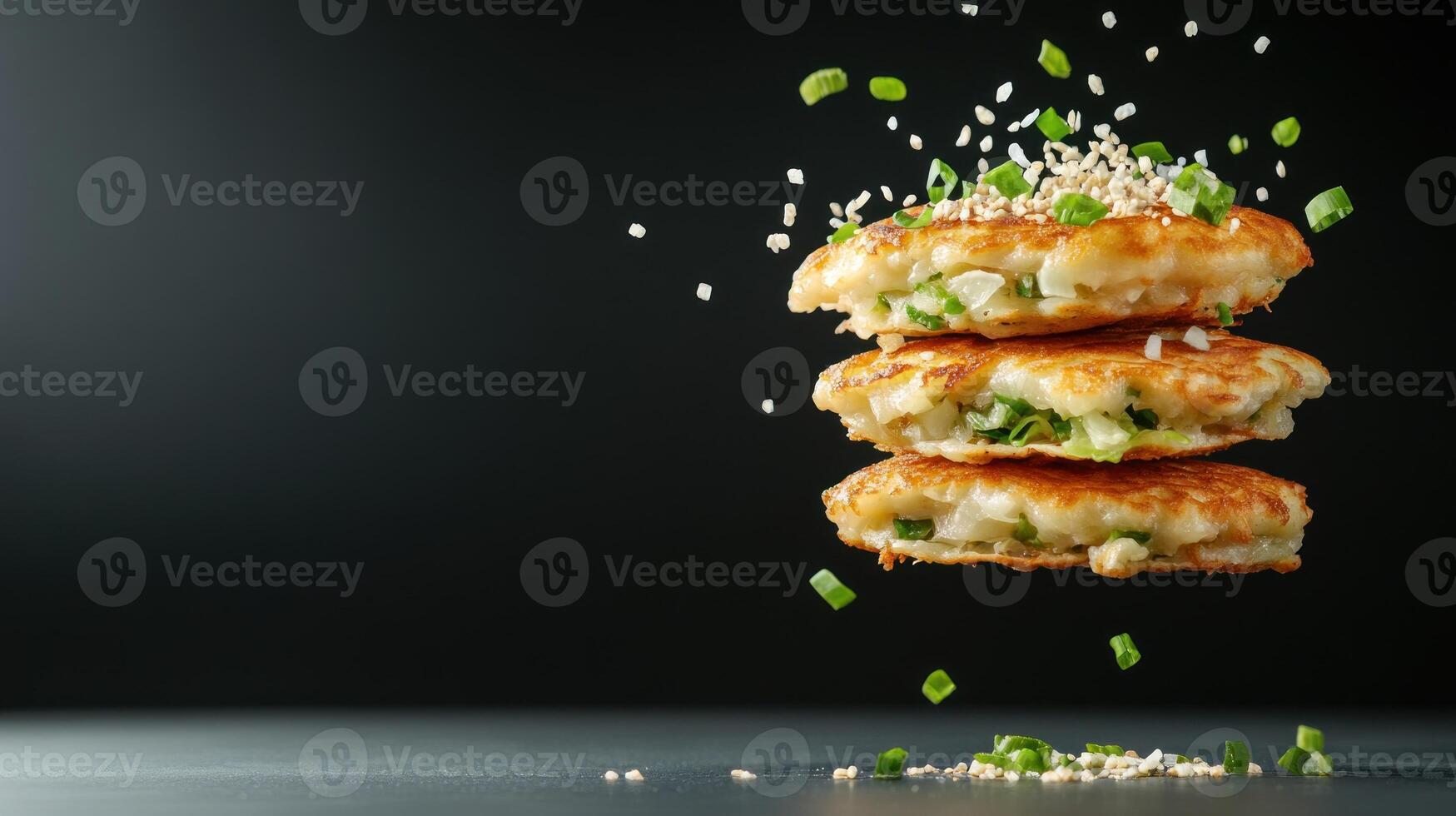 Stack of veggie pancakes in mid-air, sprinkled with sesame seeds. Use Food blog, cooking photo