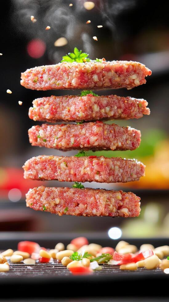 Stack of raw burgers levitating above topping ingredients on a black grill for a food blog photo