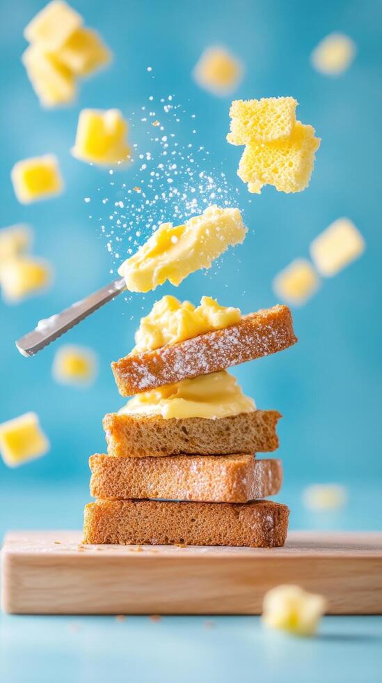 Stacked bread with cream topping in mid-air, powder scattering for an ad campaign photo