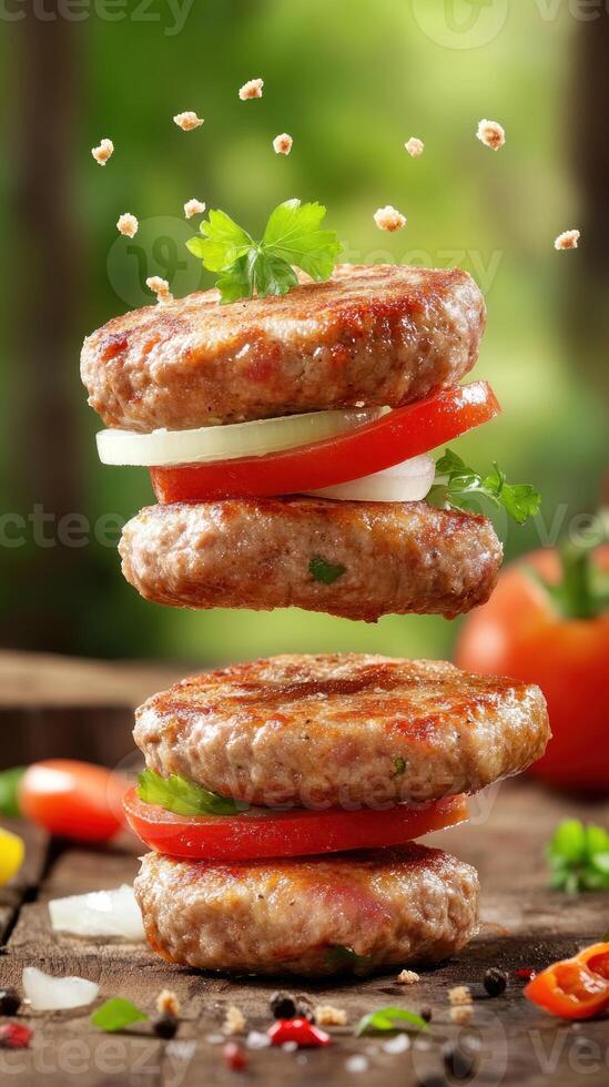 Stacked cutlets with vegetable slices, floating ingredients in a garden setting. Food blog photo