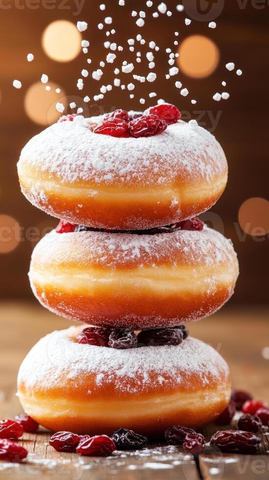 Stacked donuts topped with cranberries and powdered sugar on a wooden table for a festive dessert photo