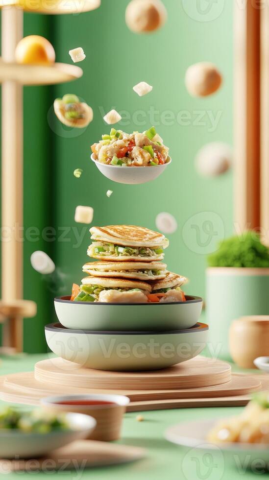 Stacked pancakes with garnish and cheese floating in abstract restaurant decor for food blog use photo