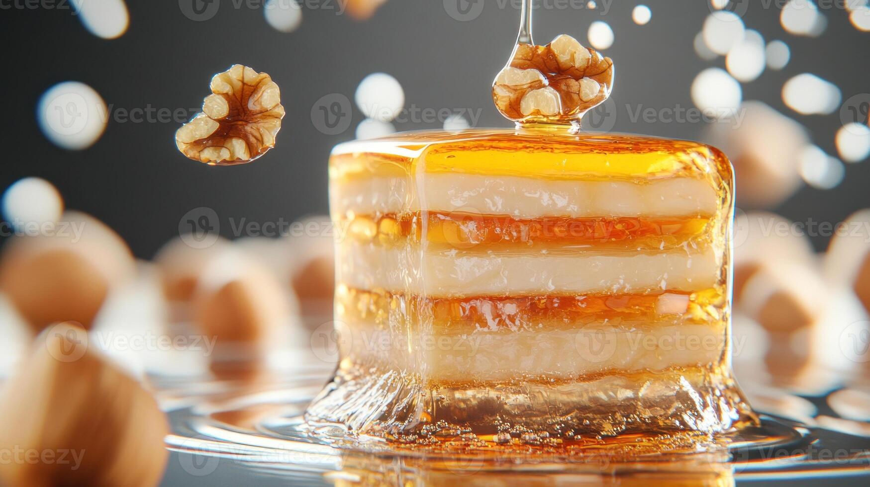 Stacked nut cake with syrup drizzle, eggs around, close-up. Food photography for menu, cookbook photo