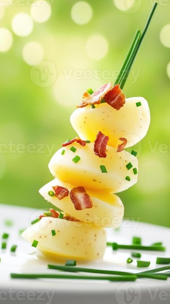 Stacked potato tower with bacon bits and chives garnish on a plate photo