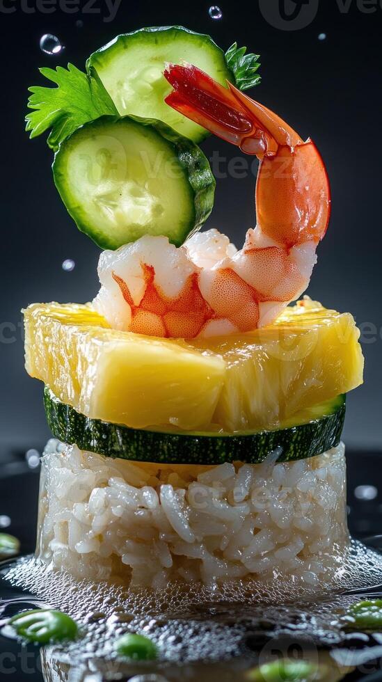 Stacked rice dish with pineapple, zucchini and prawn topped with cucumber, used for menu design photo