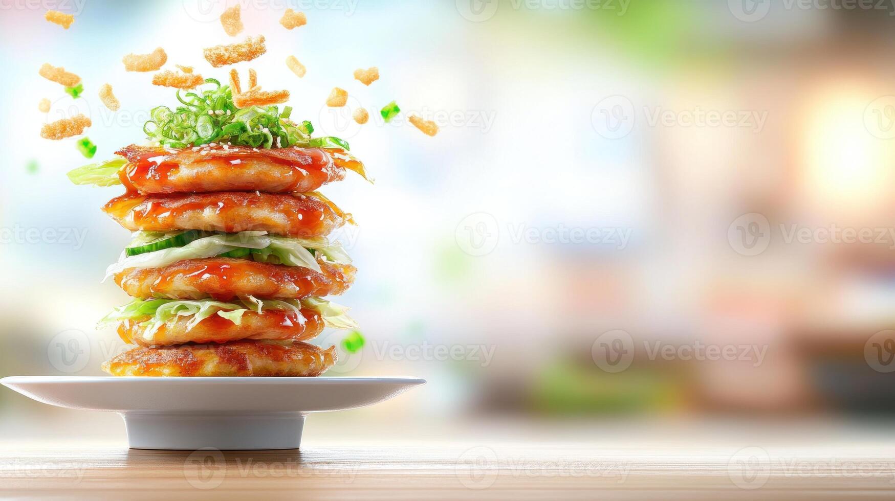 Stacked savory pancakes on a table, with topping falling down in bright room, to be used in a food blog photo