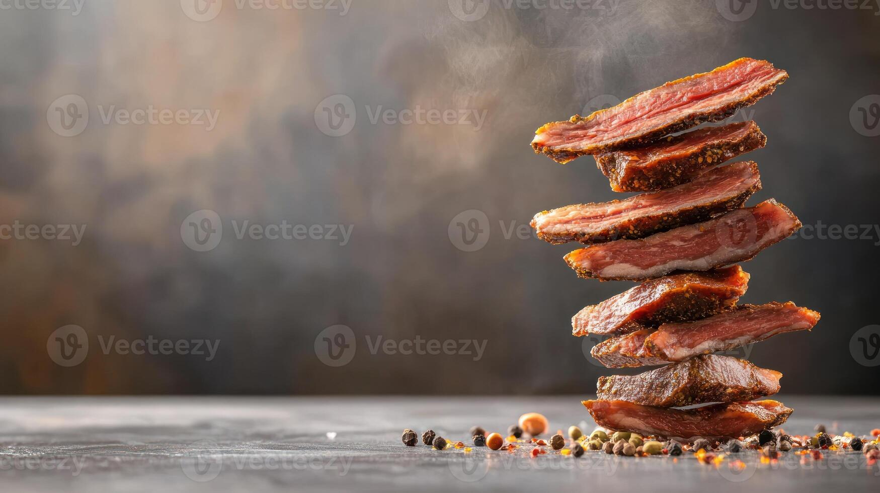 Stacked smoked meat slices with spices on a dark table with blurred background. For advertising photo