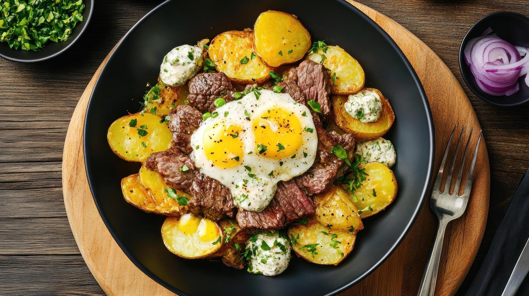 Steak, fried eggs potatoes in a black bowl on a wooden table, used as a recipe illustration photo
