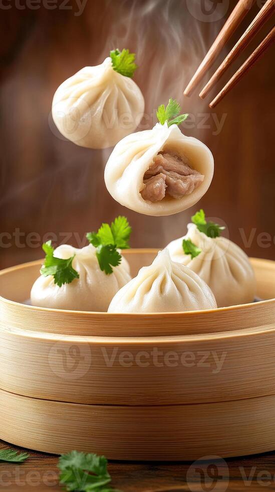 Steaming dumplings in a bamboo steamer, on a wooden table background, for restaurants photo