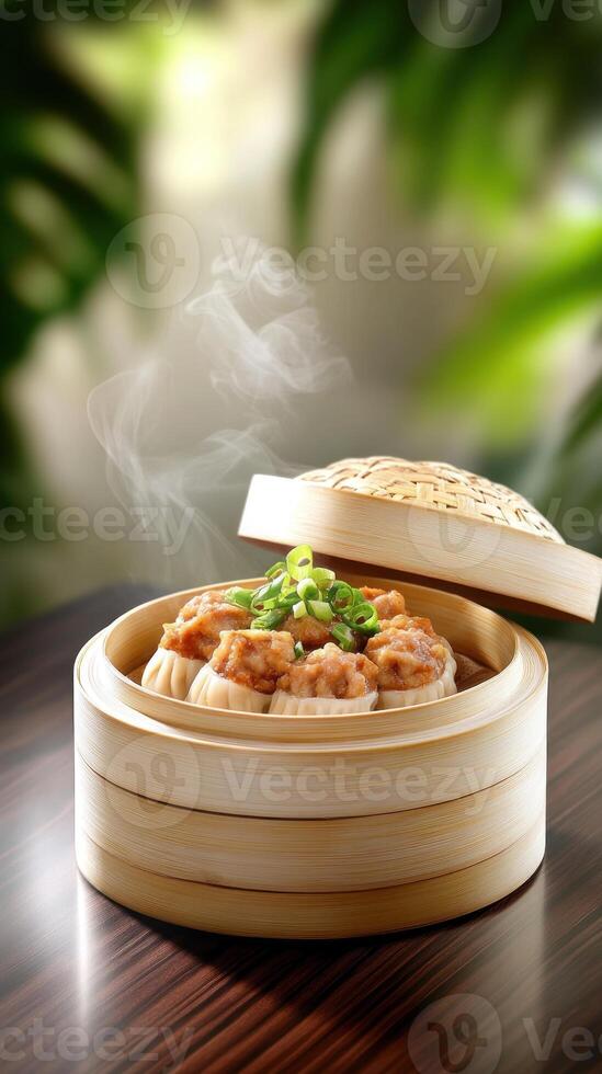 Steaming dim sum served in bamboo steamer on a wooden table with a natural background photo