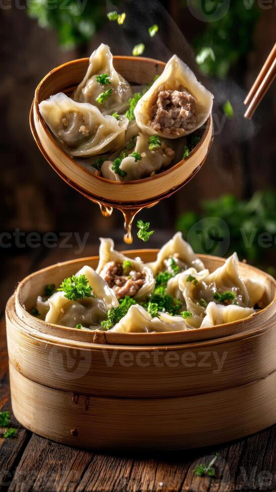 Steaming dumplings served in bamboo steamer, rustic table. Food photography for restaurant photo