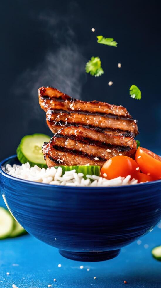 Steaming beef in bowl. Rice, tomato, cucumber ingredients levitating. Asian food blog photo