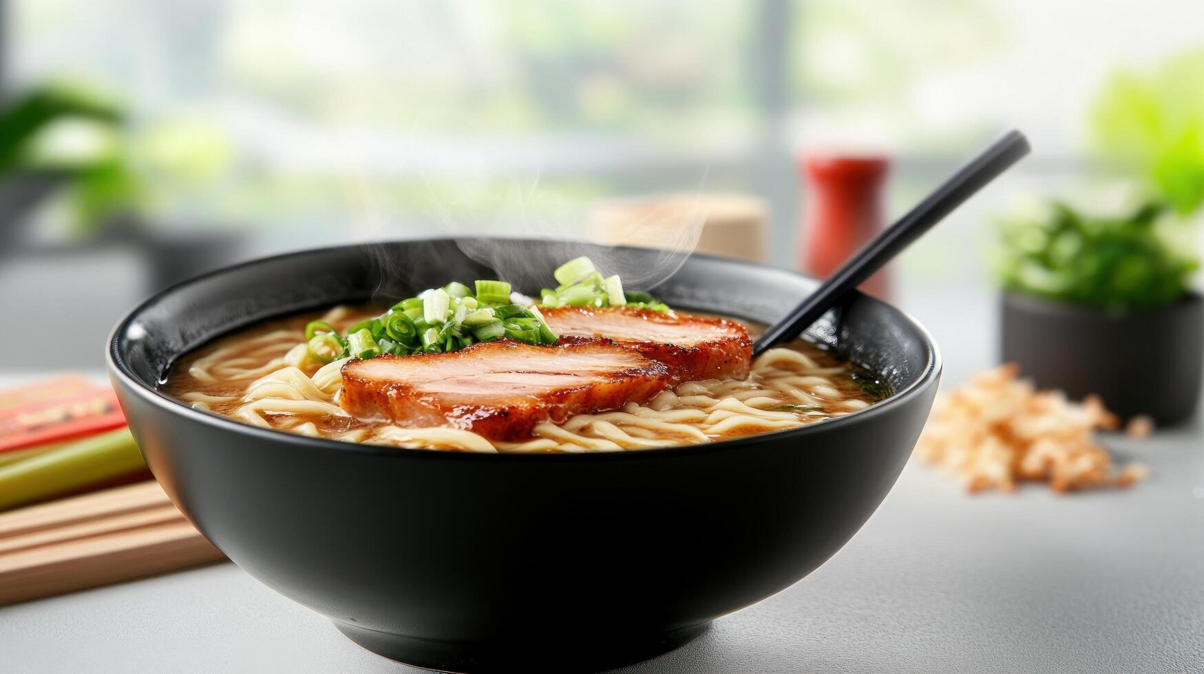 Steaming ramen bowl with beef and scallions on a table, ready to eat at lunch in a blurred room photo