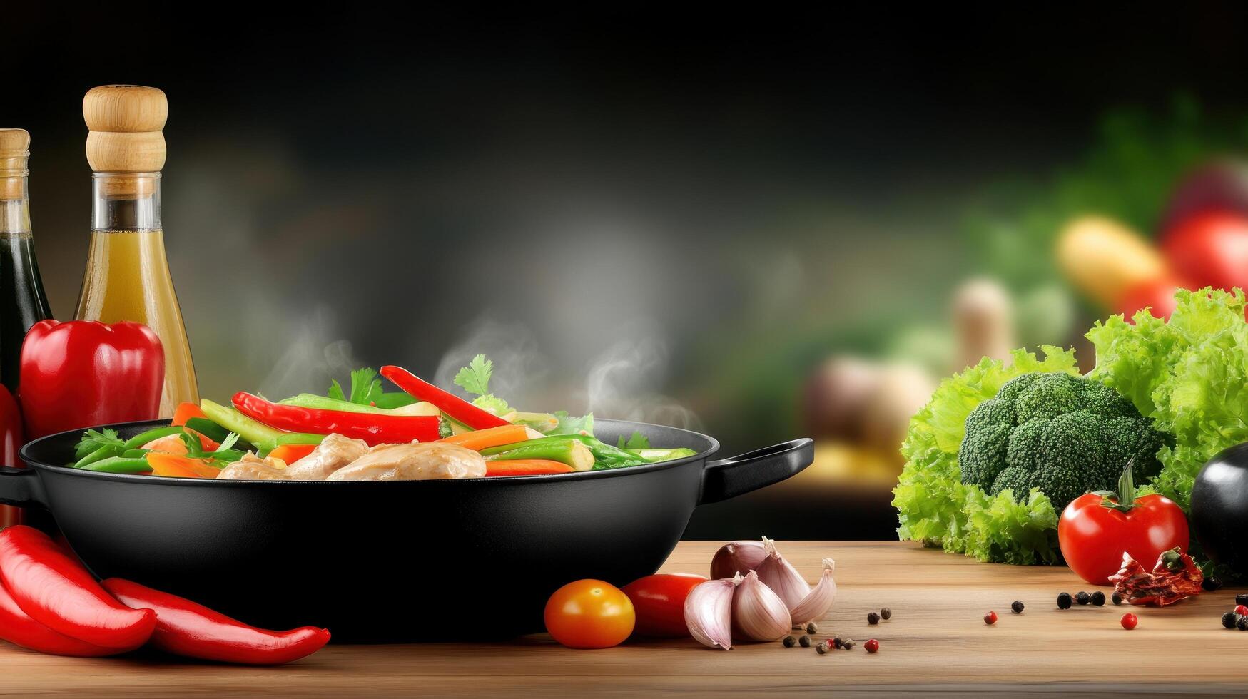 Steaming stir-fry with veggies and chicken on a table, with herbs, vegetables, and oil bottles photo