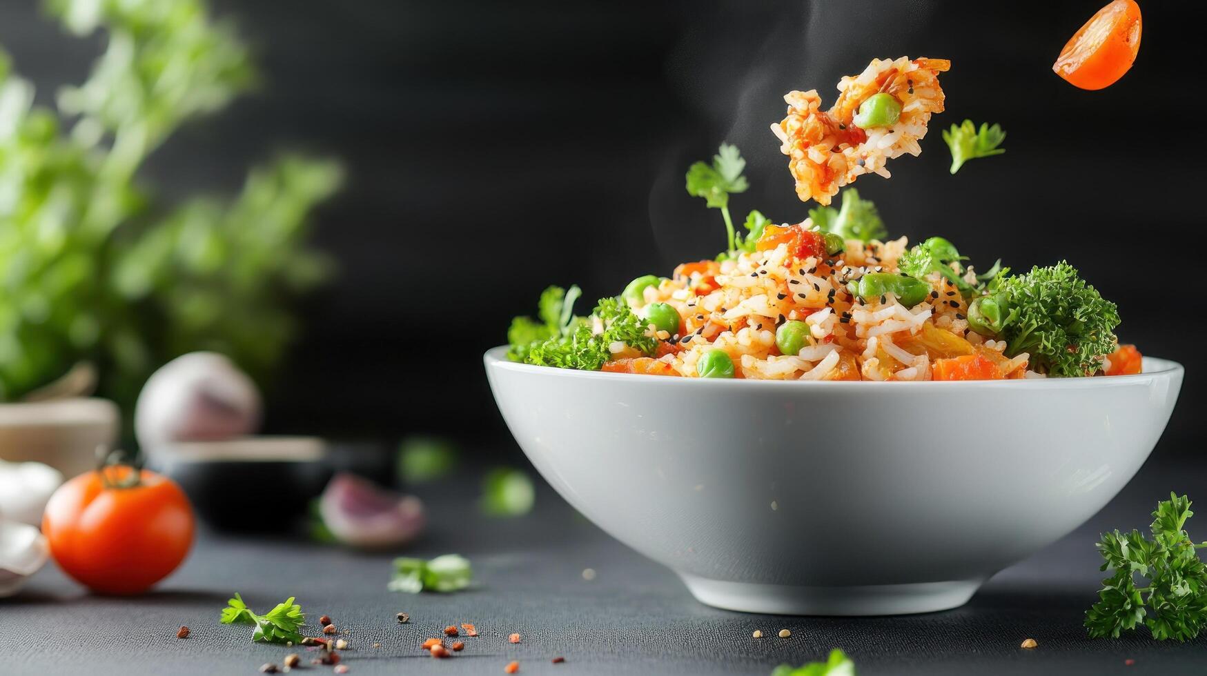 Steaming rice with vegetables being tossed into the dish food photography or cooking blog content photo