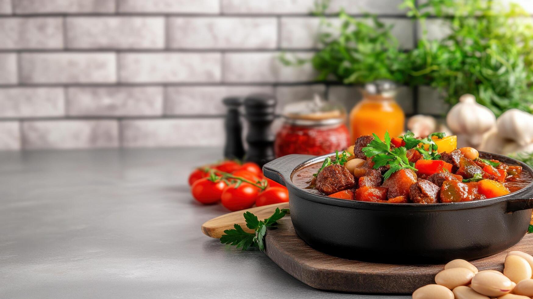 Stew in a black pot on a kitchen counter background of herbs, sauce, and a brick wall, for cooking blog photo