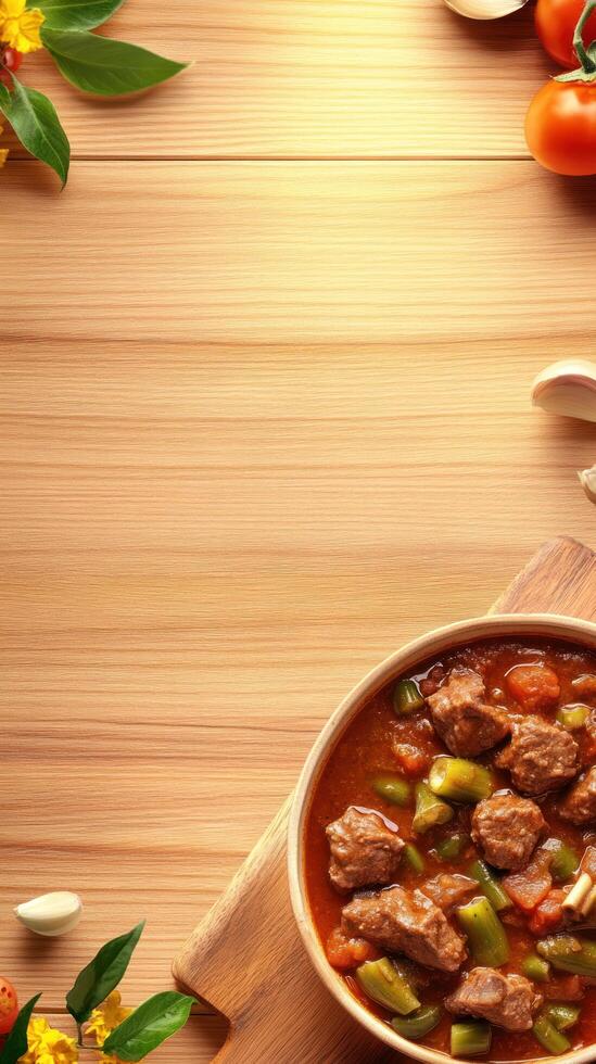 Stew in bowl. Tomato garlic background. Culinary blog post, food article, recipe website photo