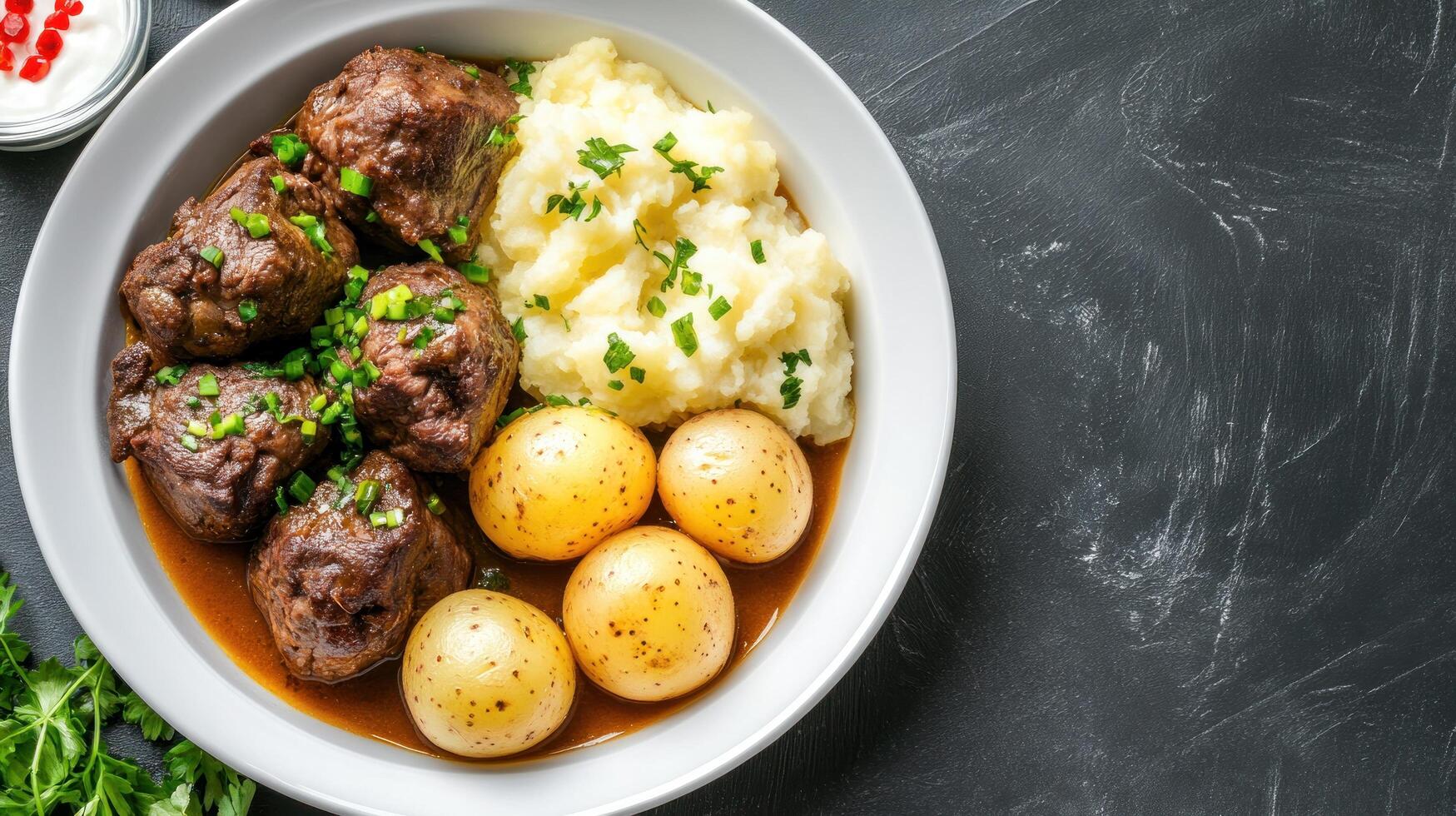 Stew with mash and potatoes, served on a plate for lunch, on a black background, for a food blog photo