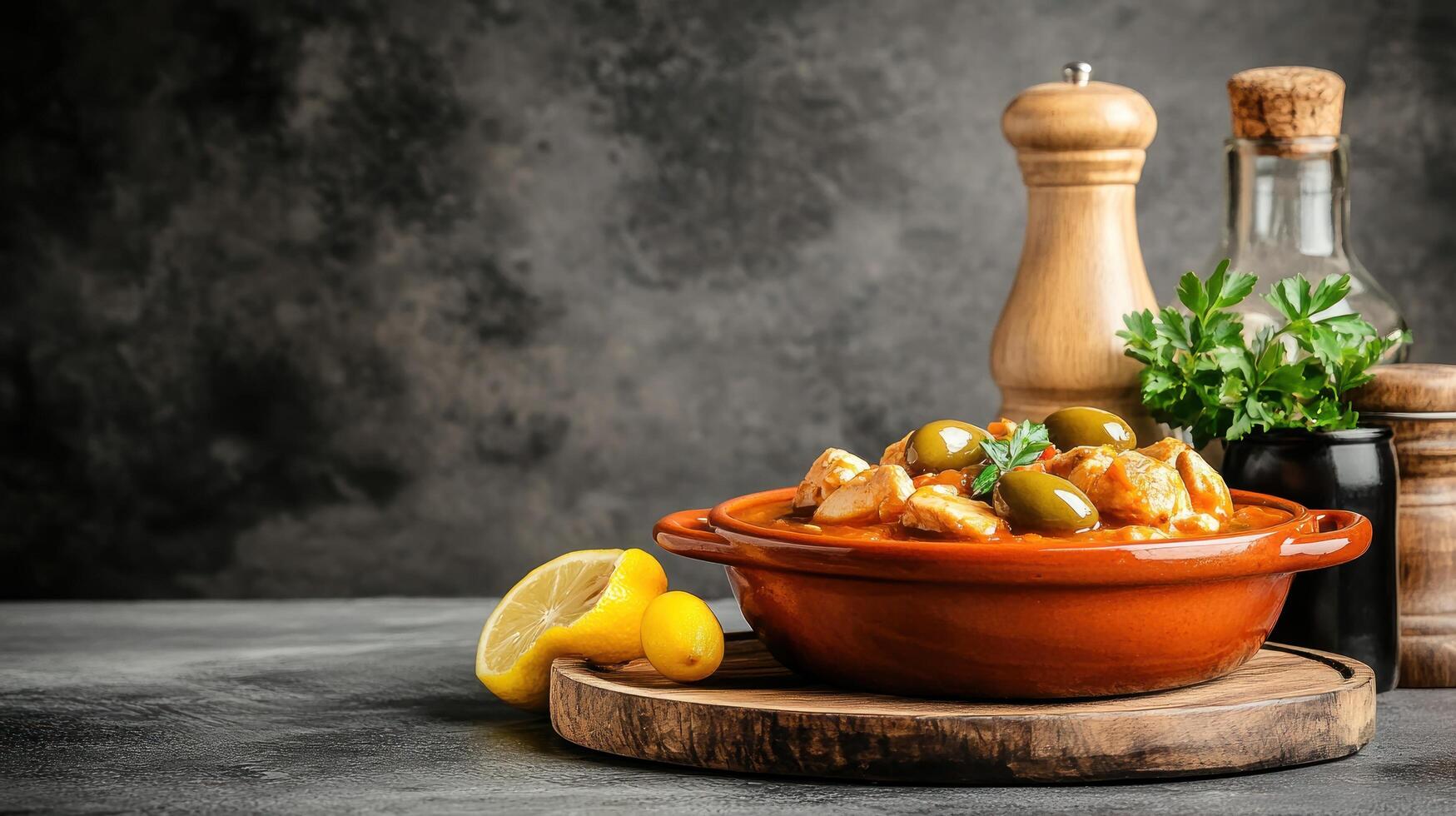 Stew with lemon, olives on a wood base, served against a neutral background for a food blog, recipe, or article photo