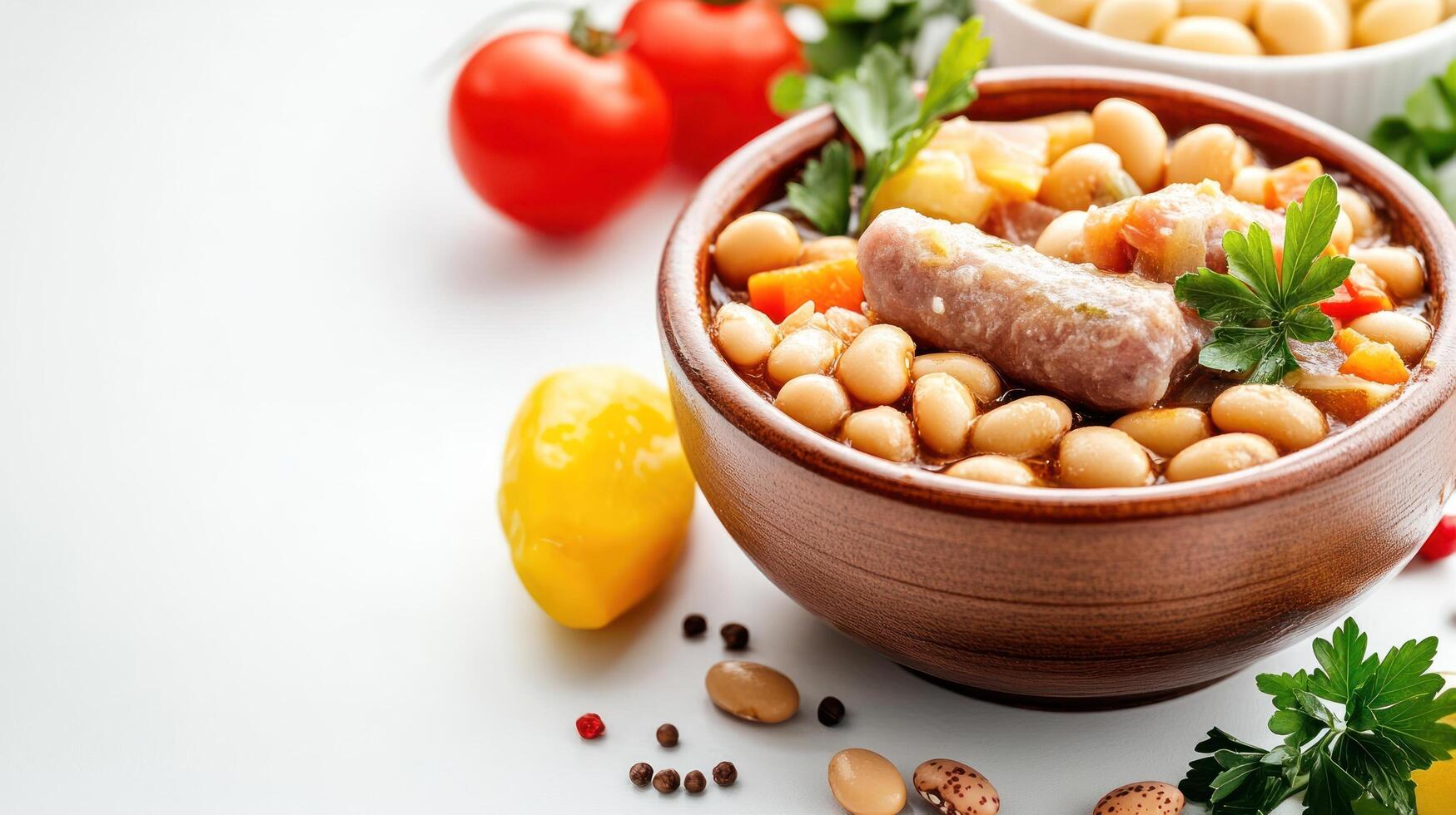 Stew with white beans and sausage, garnished with parsley, served in a wooden bowl, on white photo