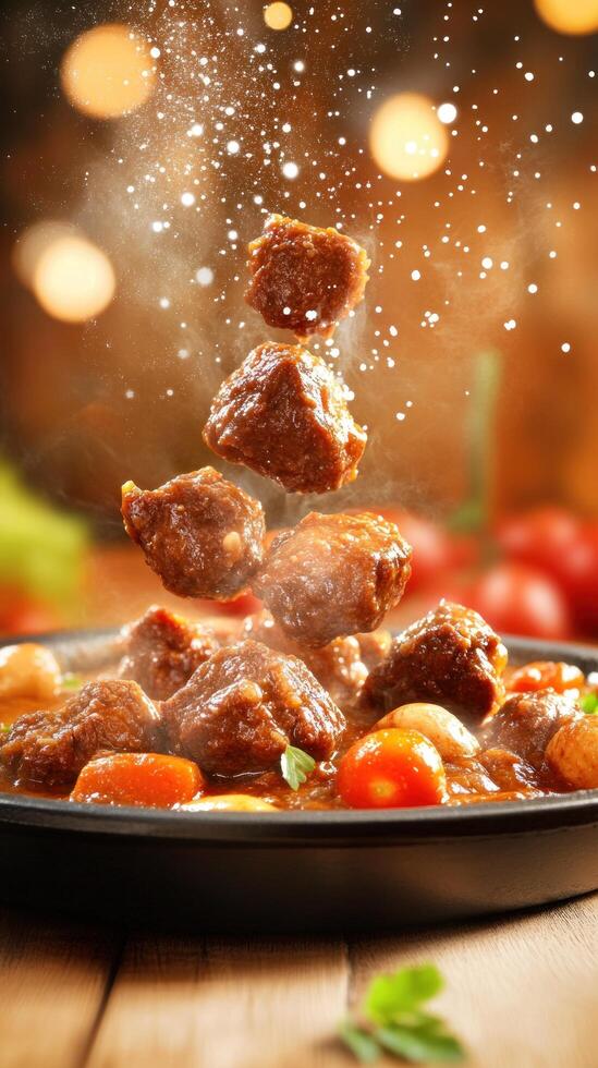 Stew with meat, vegetables and herbs, sprinkled with spice. Use for food content photo