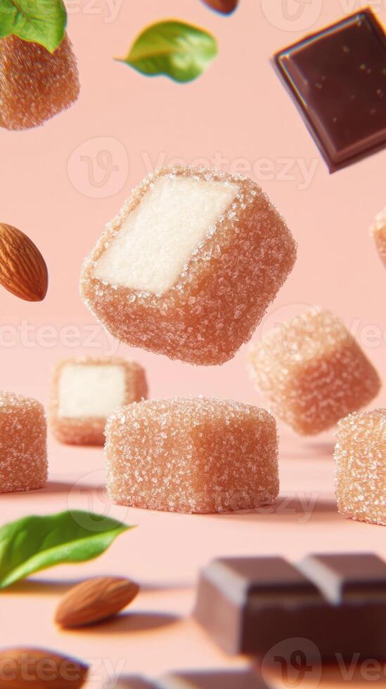 Still life Flying candy with nut and chocolate on a peach background for the confectionery section photo