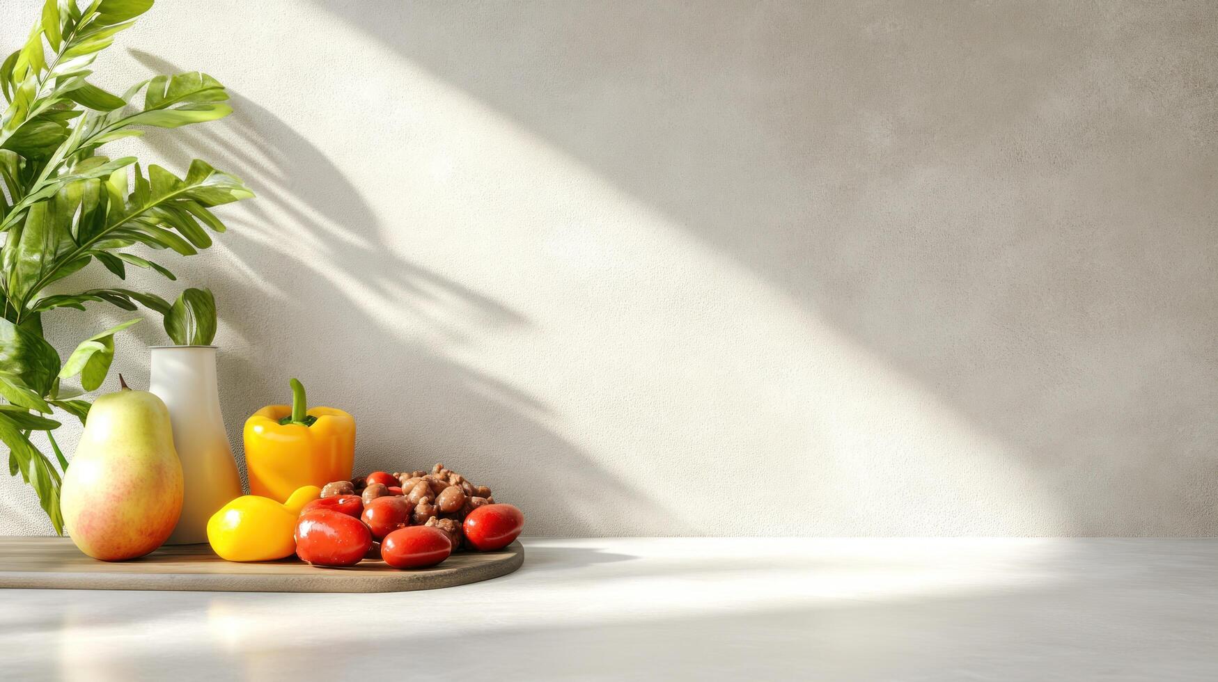 Still life of peppers and tomatoes on a table with sunlight for marketing healthy eating at home photo