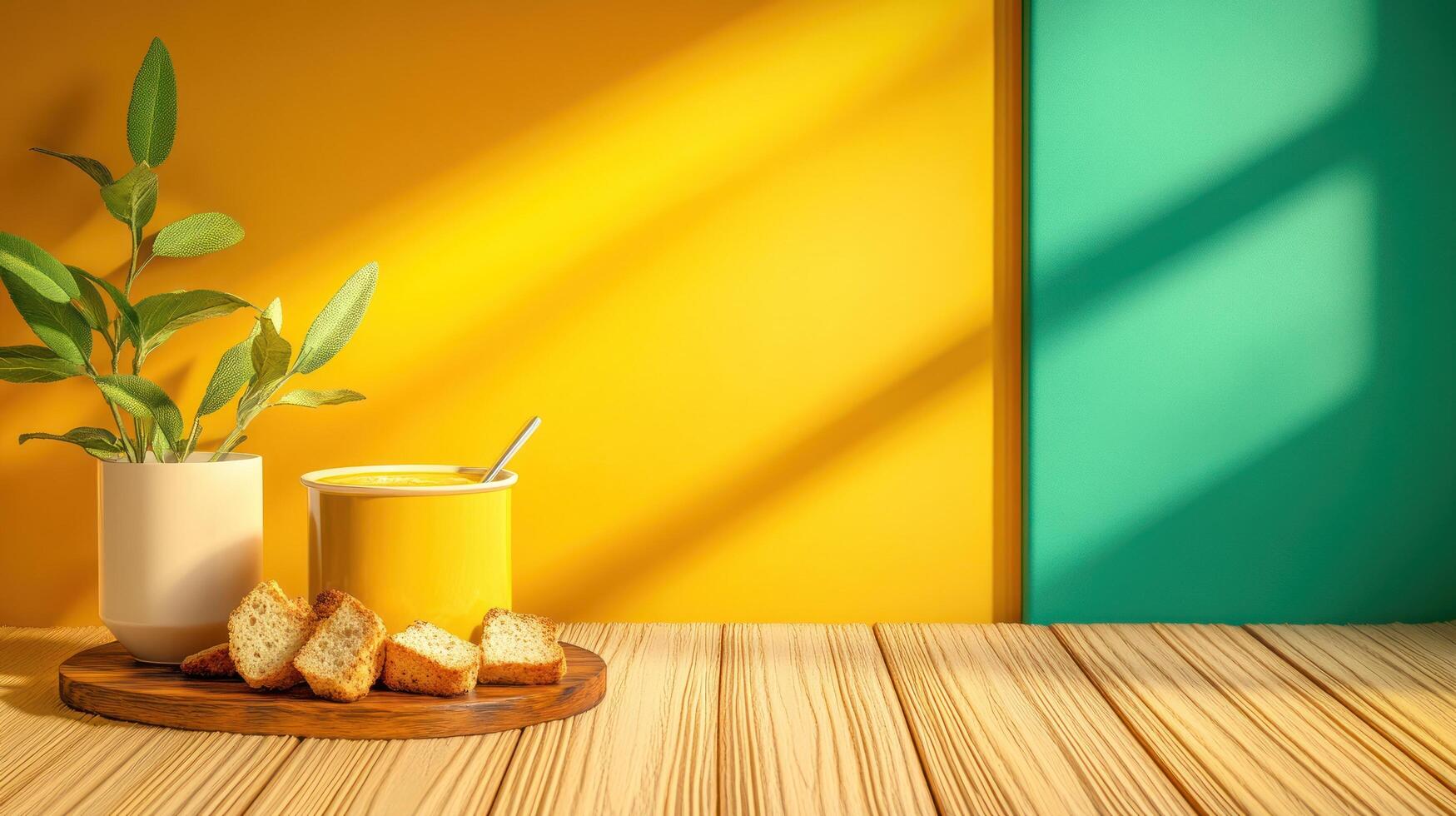 Still life with bread and pot in a minimalist bright room with light for culinary blog posts photo