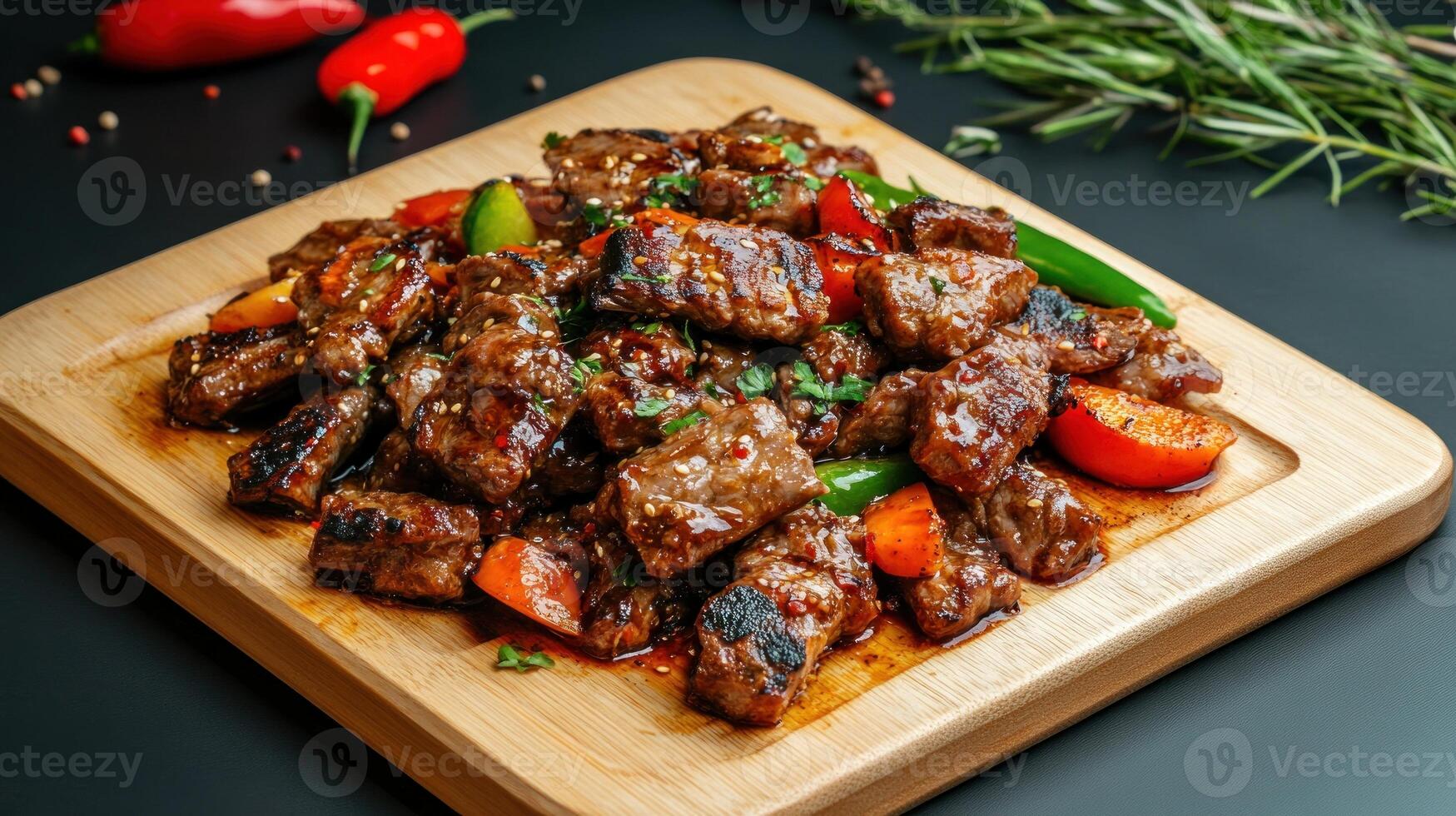 Stir-fried beef cubes with pepper served on a wooden board, suitable for restaurant menu photo