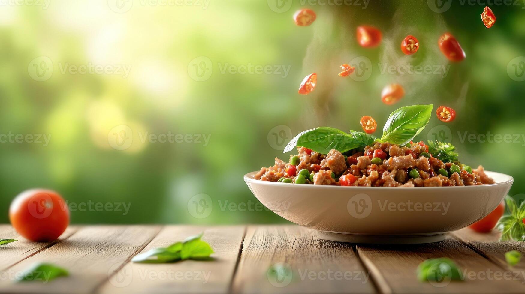 Stir-fry meat meal being cooked with chilies outdoor at daytime on a wooden table photo