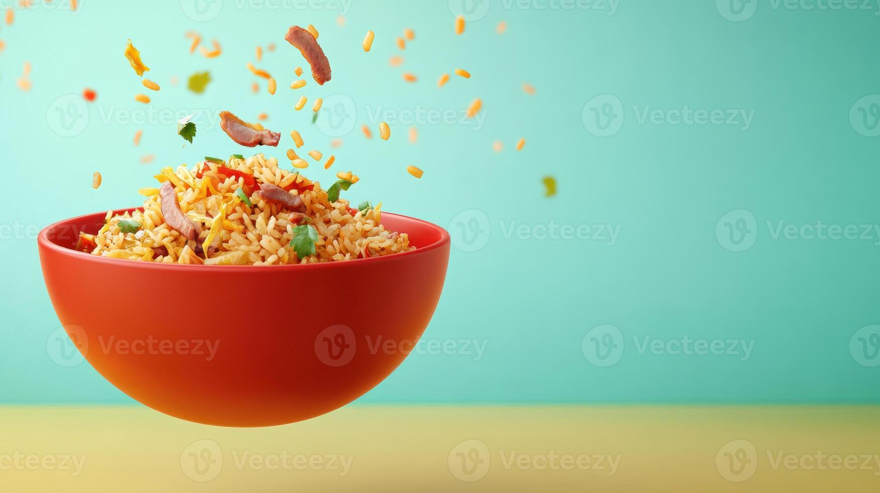Stir-fried rice with meat flying in orange bowl on yellow surface, teal background, for menu photo