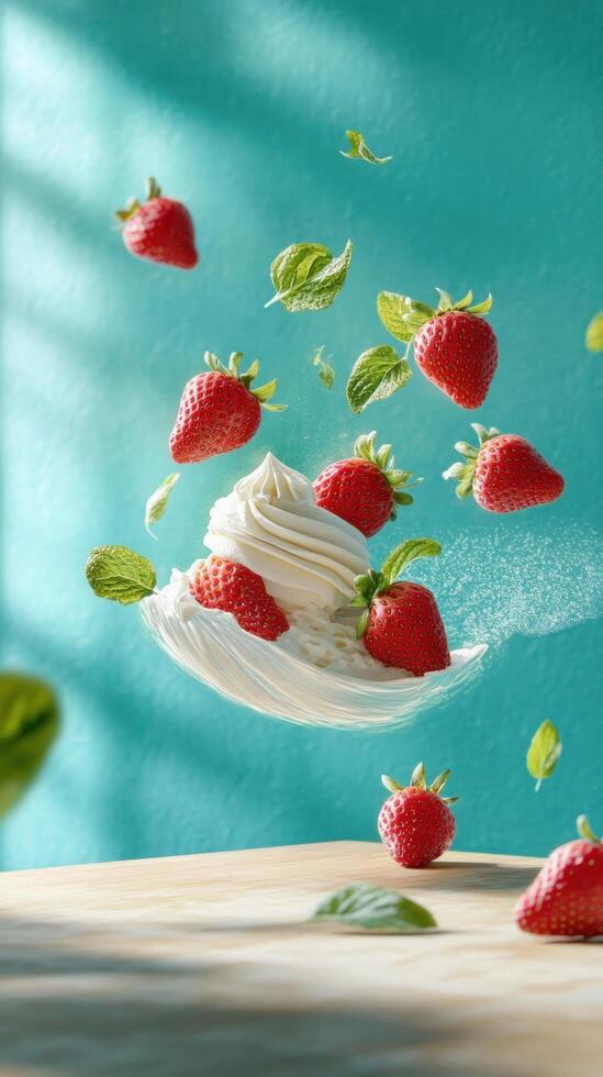 Strawberries falling onto whipped cream, creating splash on wooden table with blue backdrop for menu design photo