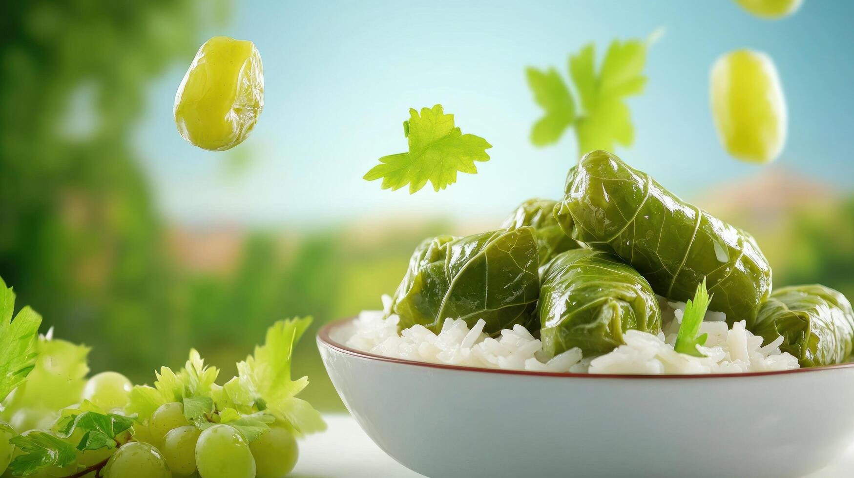 Stuffed grape leaves over rice, falling parsley and grapes. Outdoor cooking, traditional dish photo