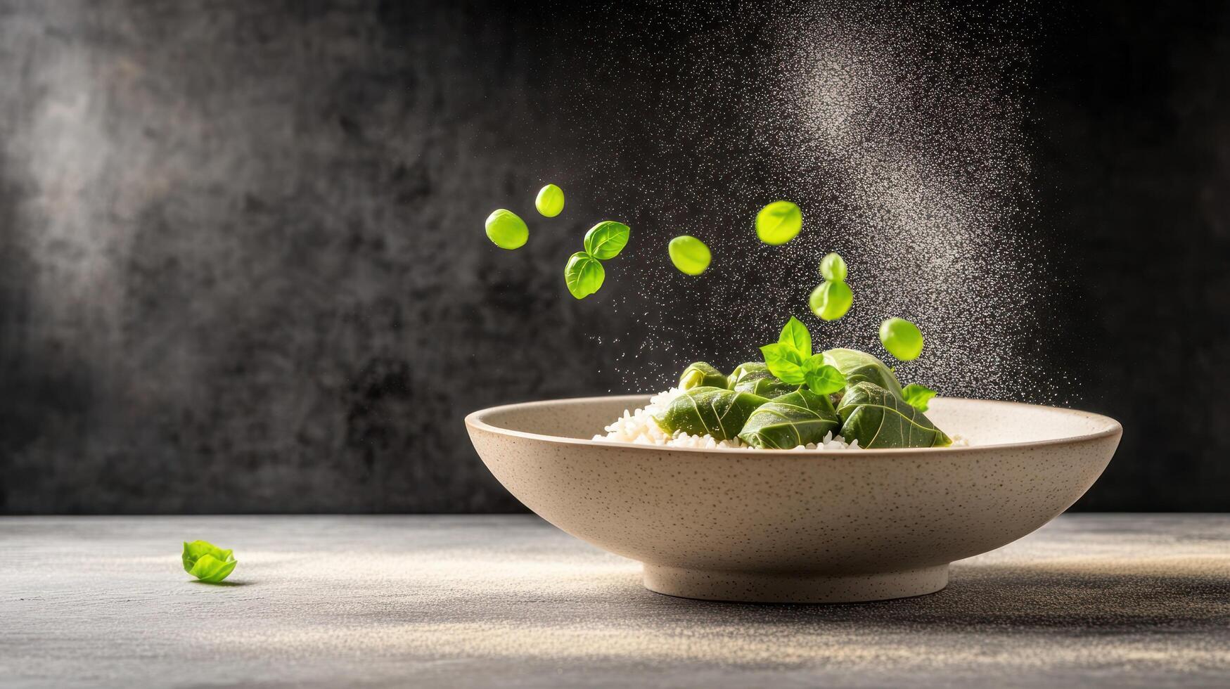 Stuffed grape leaves topped with herbs, levitating, in a bowl for food blog recipe photo