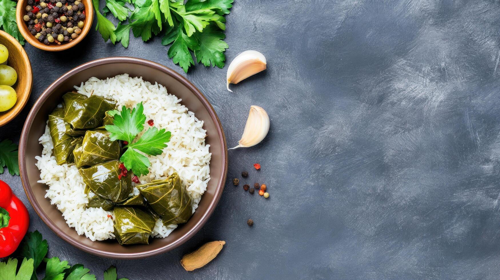 Stuffed grape leaves with rice in bowl, on dark background. Restaurant menu, recipe book photo