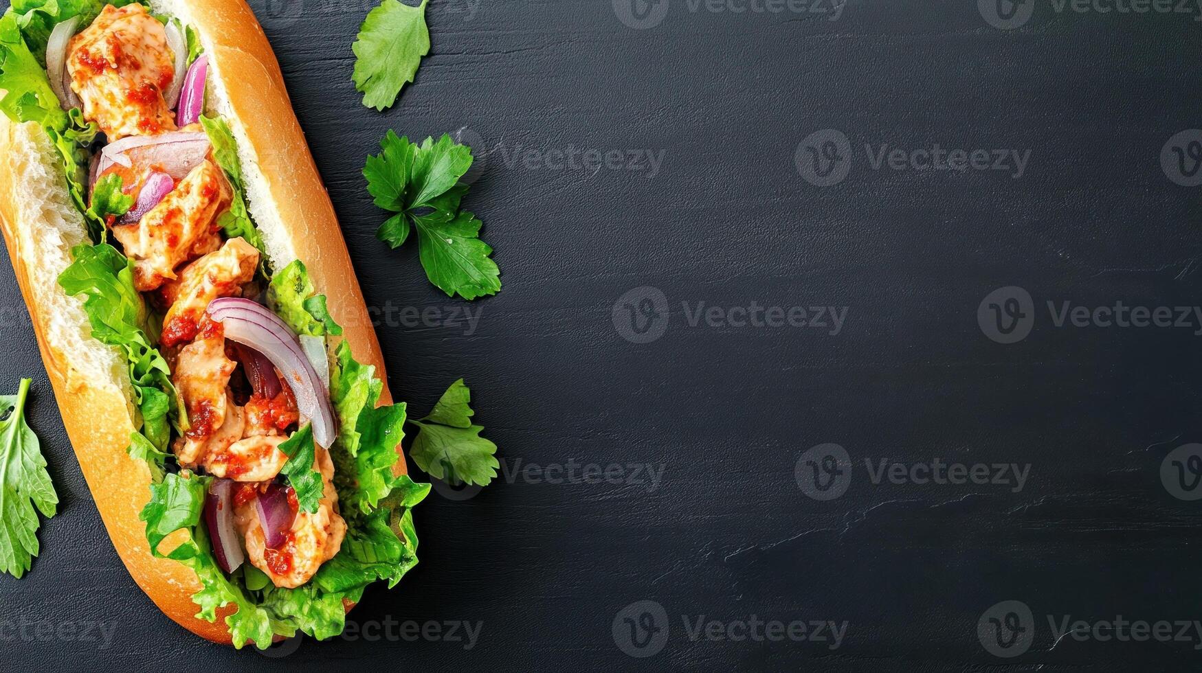 Submarine sandwich close-up. Healthy lunch option on dark background. Food photography and menu use photo
